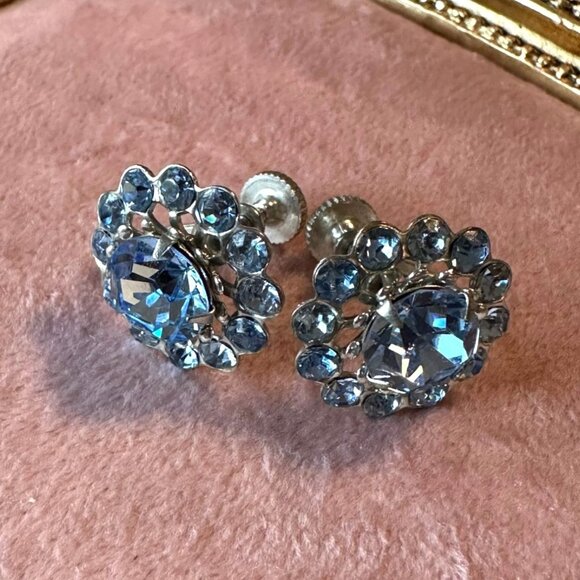 Vintage Screw Back Earrings With Light Blue Rhinestone Floral Design Mid-Century - Picture 2 of 8